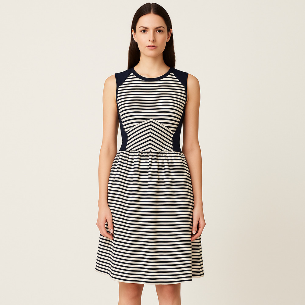 Rebecca Taylor Striped Fit & Flare Dress M Navy White Silk Trim